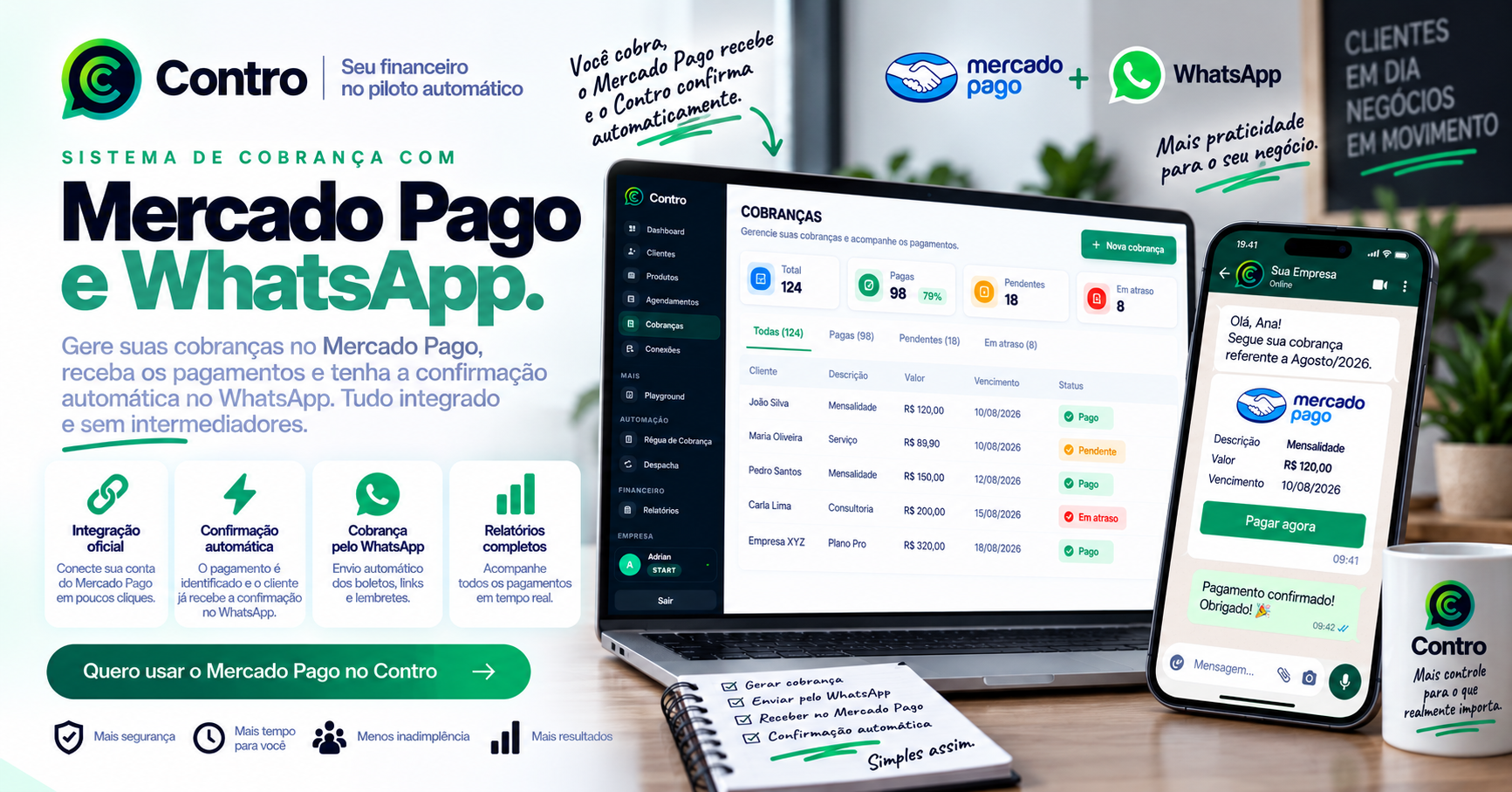 Gere cobranças pelo Mercado Pago, envie pelo WhatsApp e confirme pagamentos automaticamente