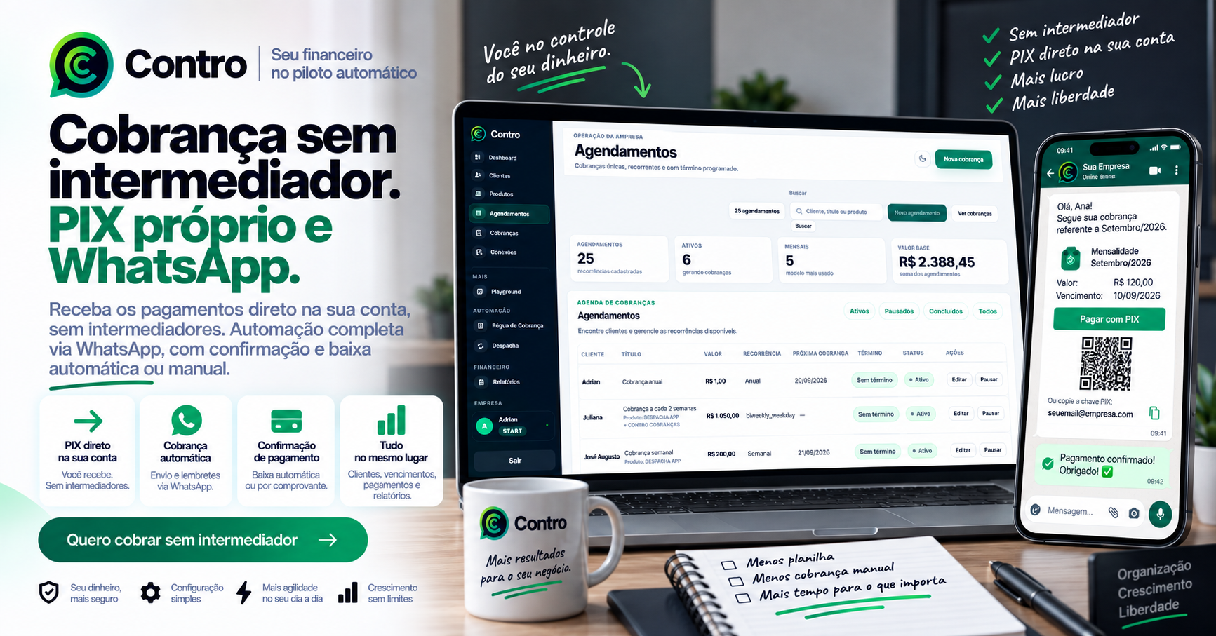 Automatize suas cobranças sem passar o PIX próprio por um intermediador