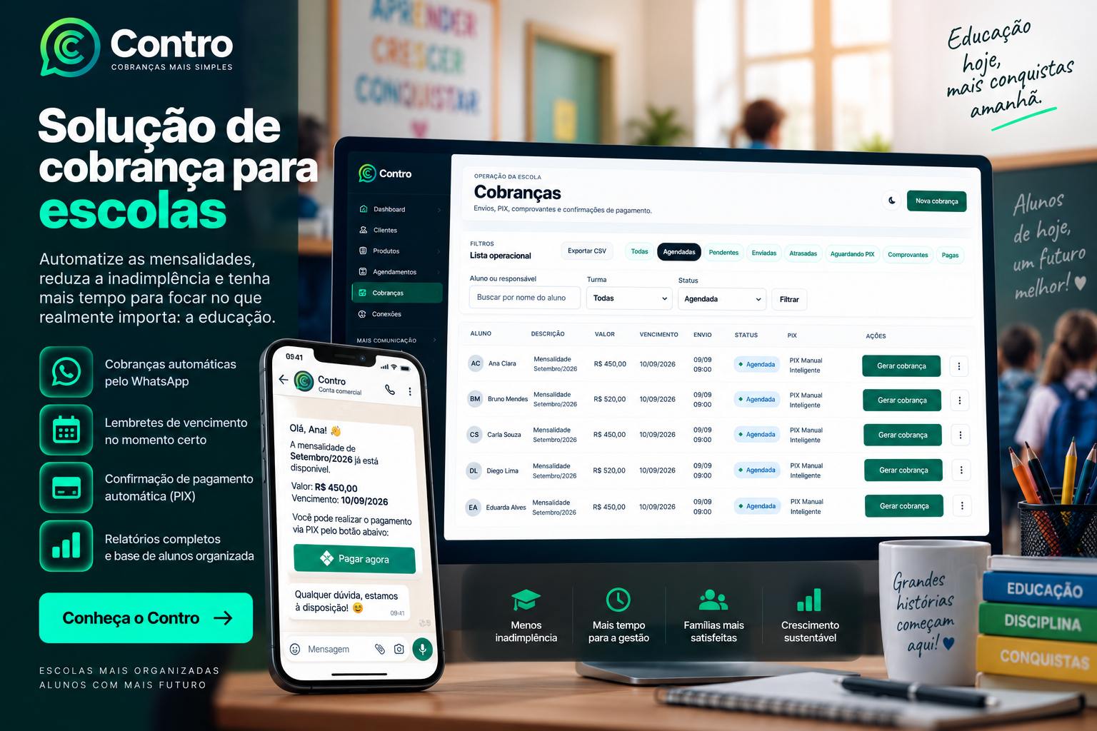 Organize mensalidades escolares e cobre pelo WhatsApp