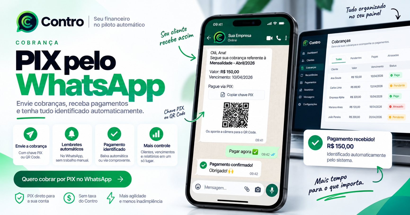 Envie cobranças por PIX pelo WhatsApp e acompanhe até o pagamento