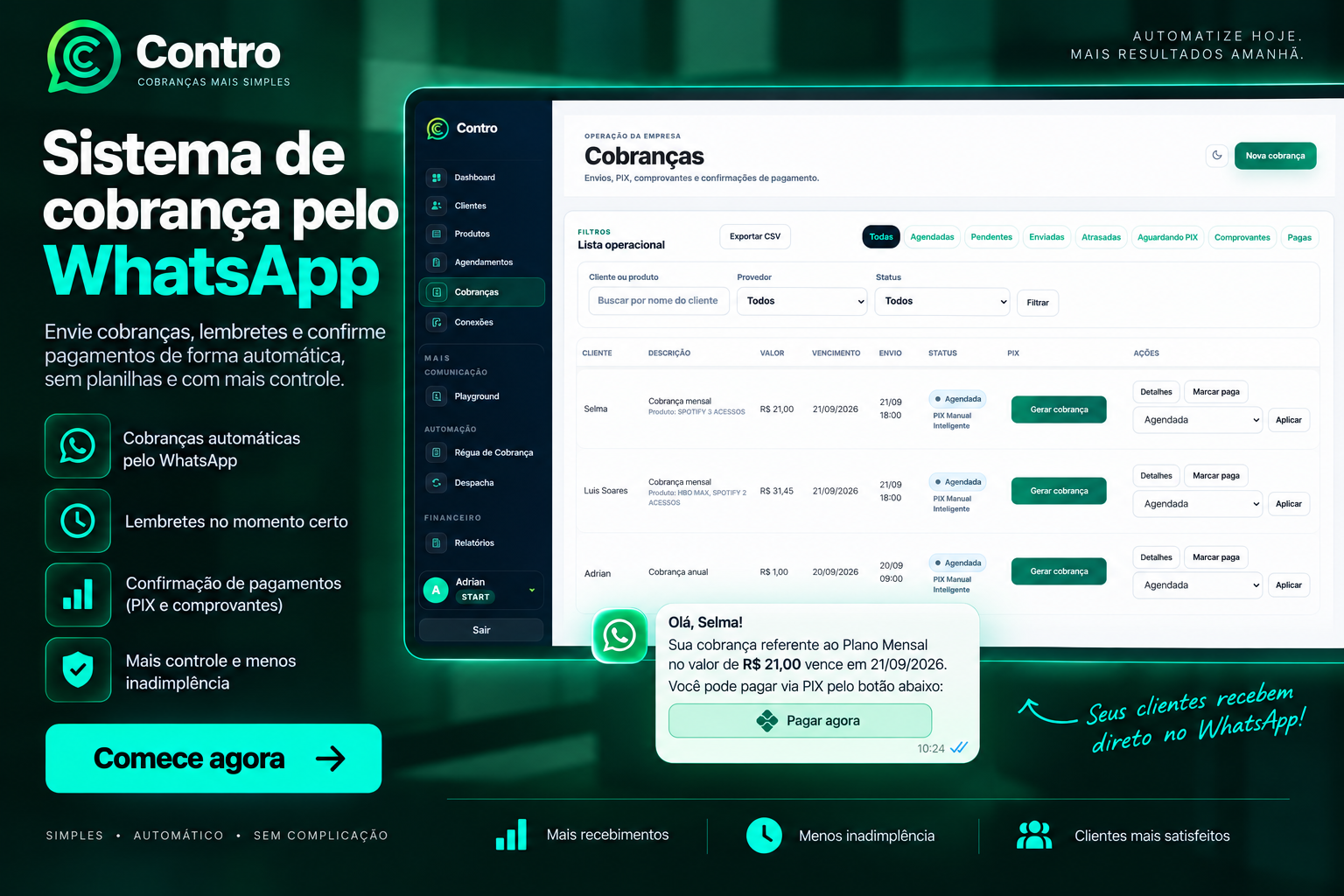 Um sistema de cobrança simples, organizado e conectado ao WhatsApp