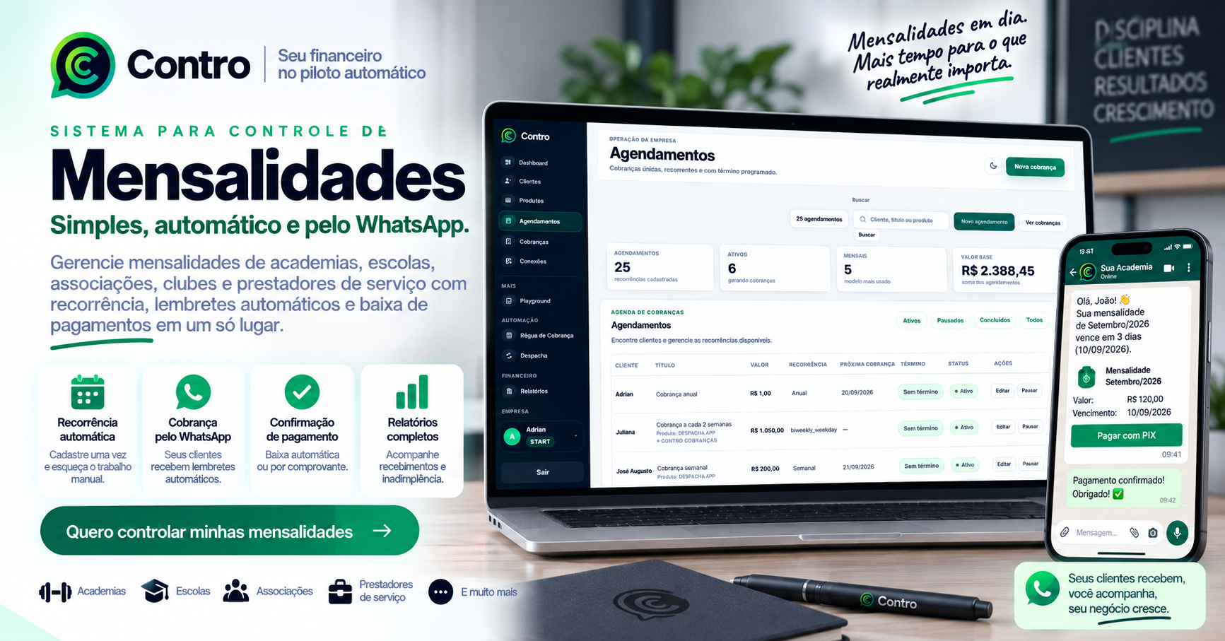 Controle mensalidades, cobranças, pagamentos e atrasos em um só lugar